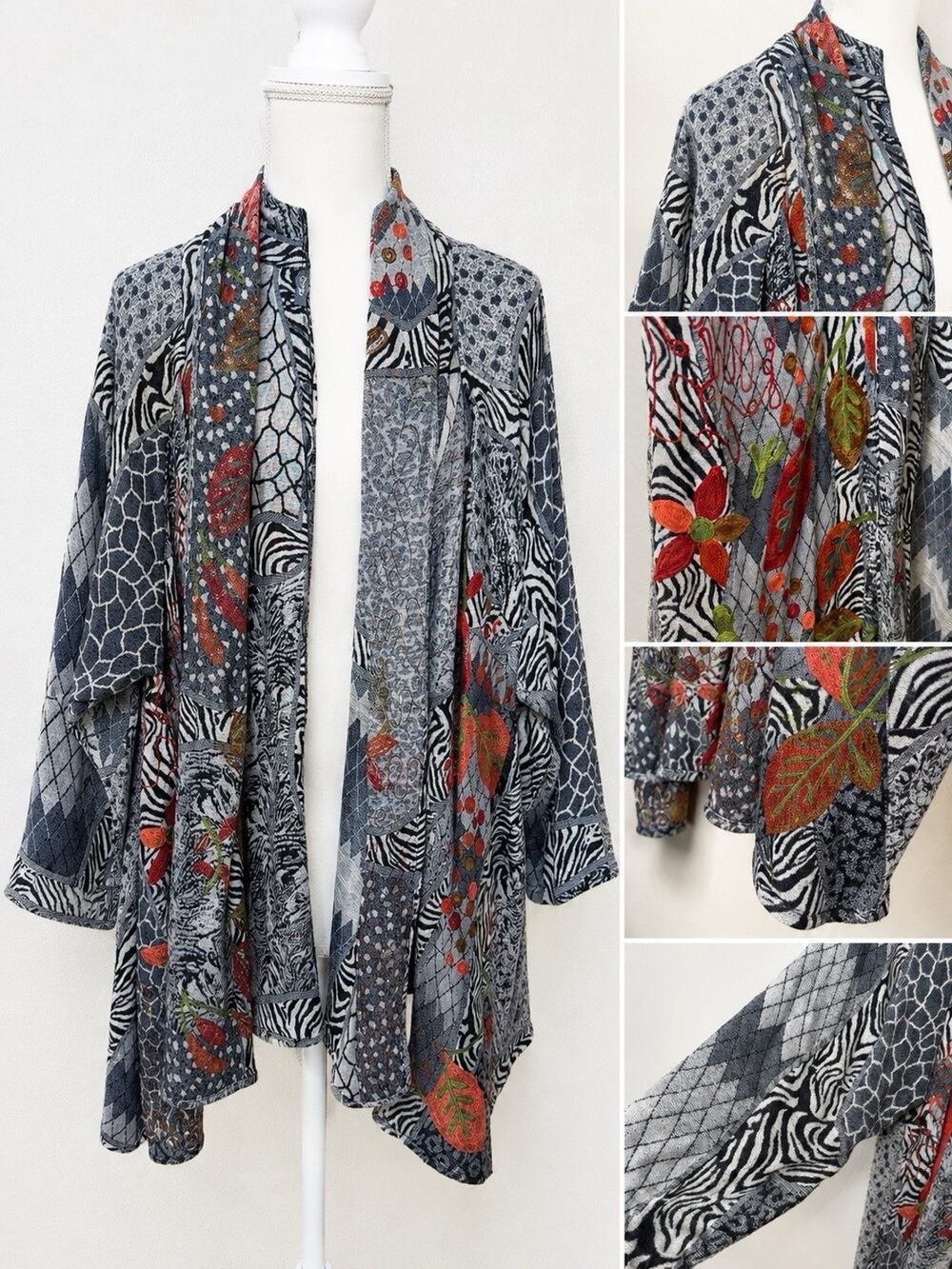 ANU L Cardigan Boho Embroidered Kimono Jacket Textured Floral Pockets Wool